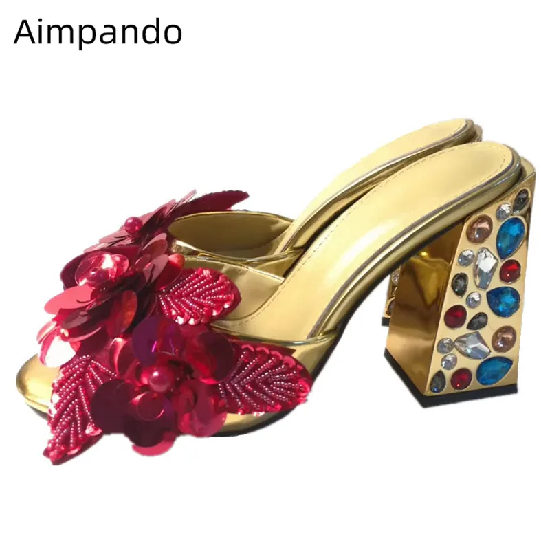 

Colourful Crystal Chunky Heel Slippers Red Beading Flower Decor Shoes New Chic Peep Toe Party Heels Rhinestone Jewelled Slippers