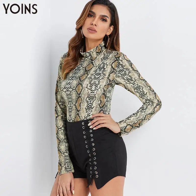 YOINS, женское винтажное боди с животным принтом, с высоким воротом, с длинным рукавом, осень зима стильная одежда для подвижных игр, повседневный Модный женский топ