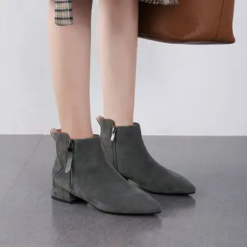 

Women's boots 2019 autumn new gray nude light-colored fur pointed boots low-heeled boots