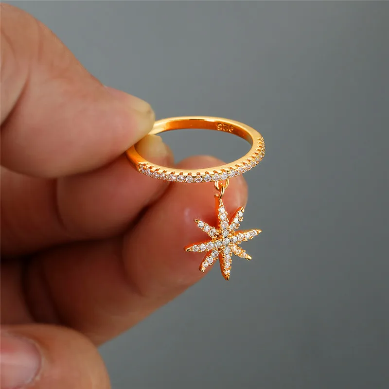 Yellow Gold Женская Хрустальная подвеска в виде снежинки, кольца для женщин, серебро 925 пробы, цвет розовое золото, циркон, тонкое кольцо, обручальные кольца, ювелирные изделия Cz - Цвет основного камня: Yellow Gold