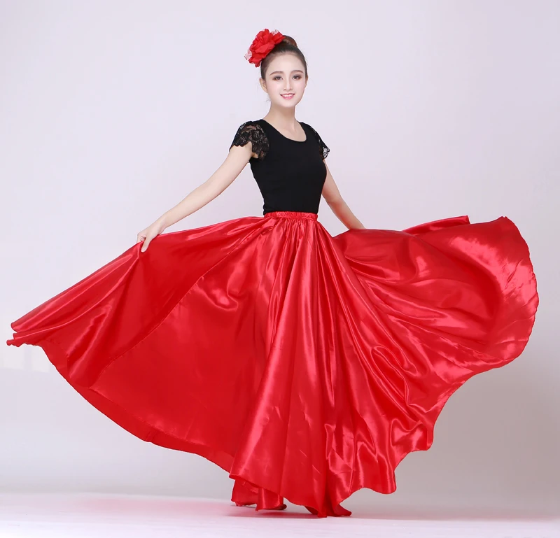 90-95 см, эластичная талия, испанская танцевальная юбка фламенко для женщин, однотонное атласное гладкое платье для танца живота, испанские традиционные костюмы - Цвет: Color1 one skirt