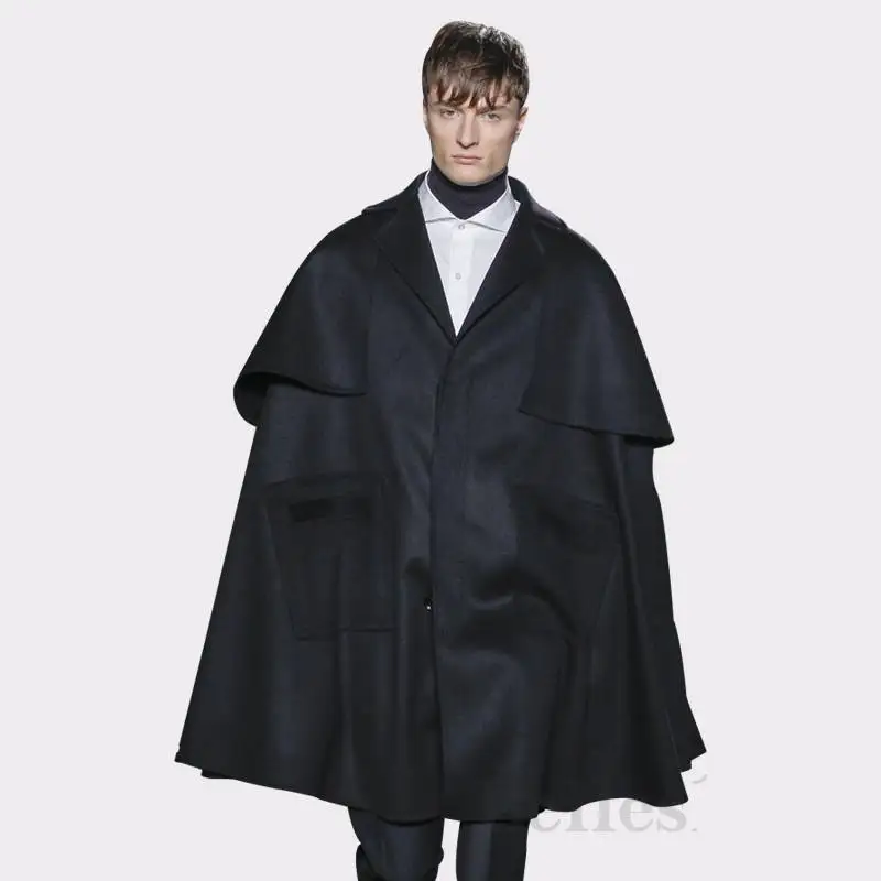 

Men's woollen overcoat coat Autumn winter British medium long loose coat men's fake 2 bat woollen trench coat fashion shawl