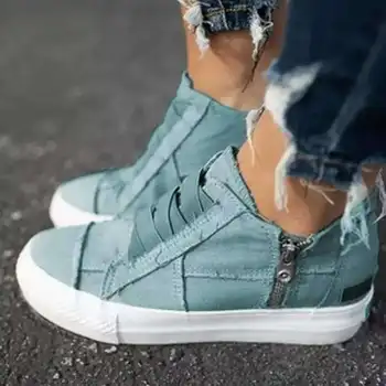 

Women Vulcanized Sneakers Shoes 2020 Fashion Platform Increased Wedge Canvas Shoes Woman Zipper Female Plus Size 35-43