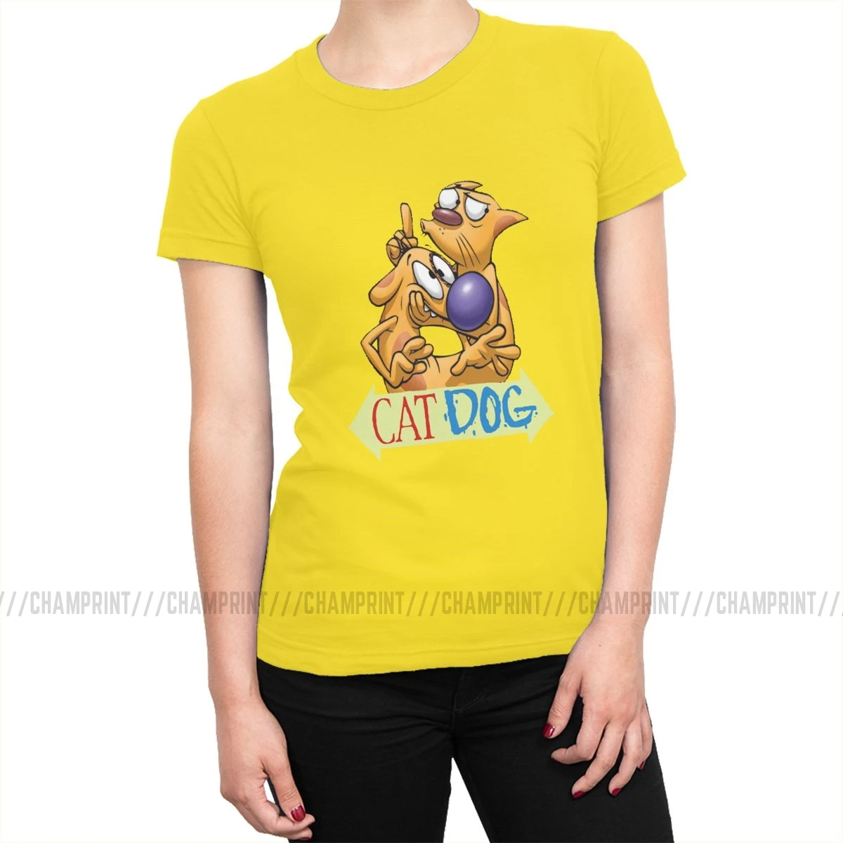 CatDog логотип футболки Для женщин 90s футболка с забавным мультипликационным принтом «Old School футболки Tumblr футболки для девочек топ в готическом стиле, Хлопковые женские Костюмы графический - Цвет: Цвет: желтый