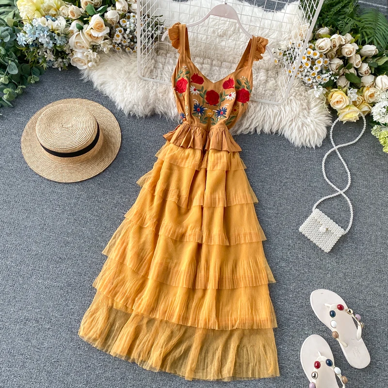 ALPHALMODA платье с цветочной вышивкой, многослойное платье без рукавов, милое Плиссированное Сетчатое летнее платье для женщин