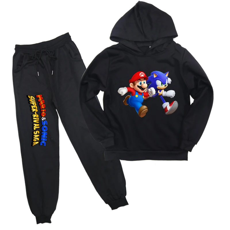Sonic The Hedgehog Mario/комплект детской одежды для мальчиков и девочек; модный свитер с капюшоном и штаны-шаровары; Детский Повседневный пуловер; брюки - Цвет: Черный