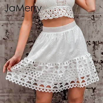

JaMerry Hollow out embroidery mini skirt women Elastic high waist female cotton skirts Spring summer ladies white skirts bottoms