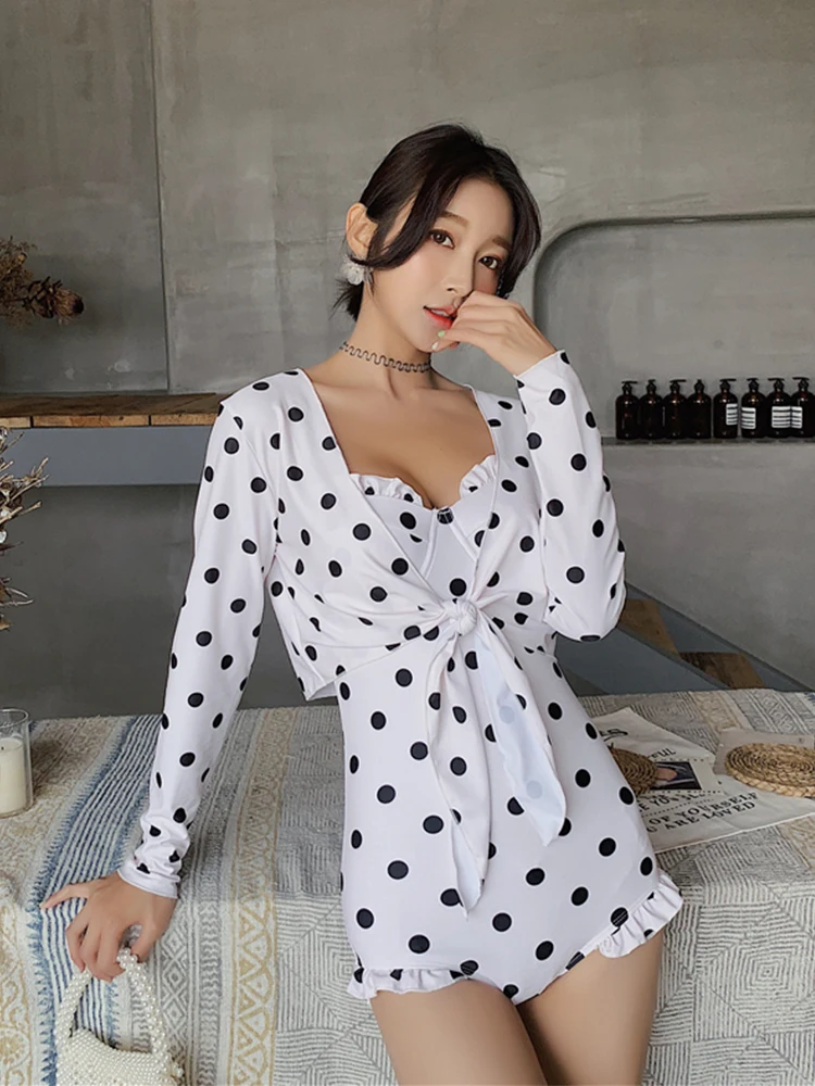 

New Korean Women One Piece Swimsuit White Dot Bikini Cut Out Bandage Monokini UV Prevent Cover Cute Traje De Bano Mujer
