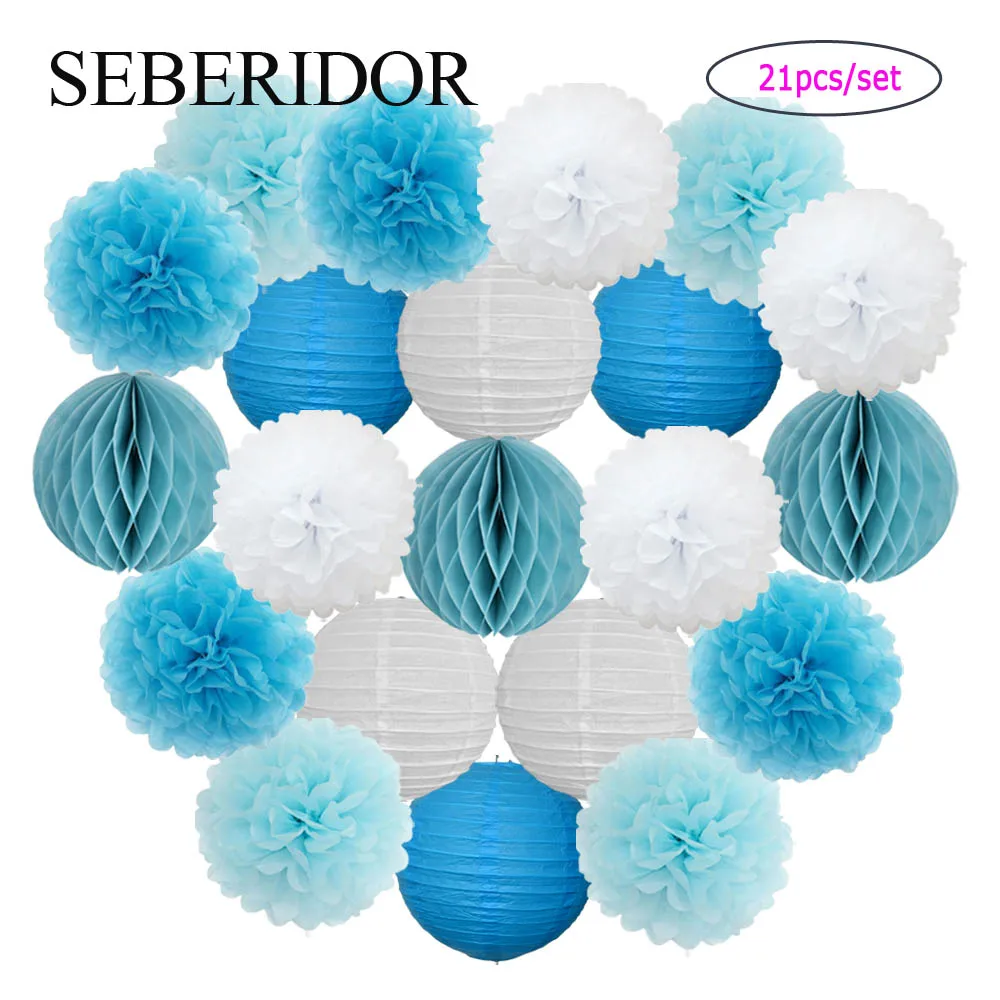 

Baby Boy Baptism Party Favor Round Paper Ball Lantern Blue White Girl Birthday DIY Pompom Wedding Anniversary Decor Honeycomb
