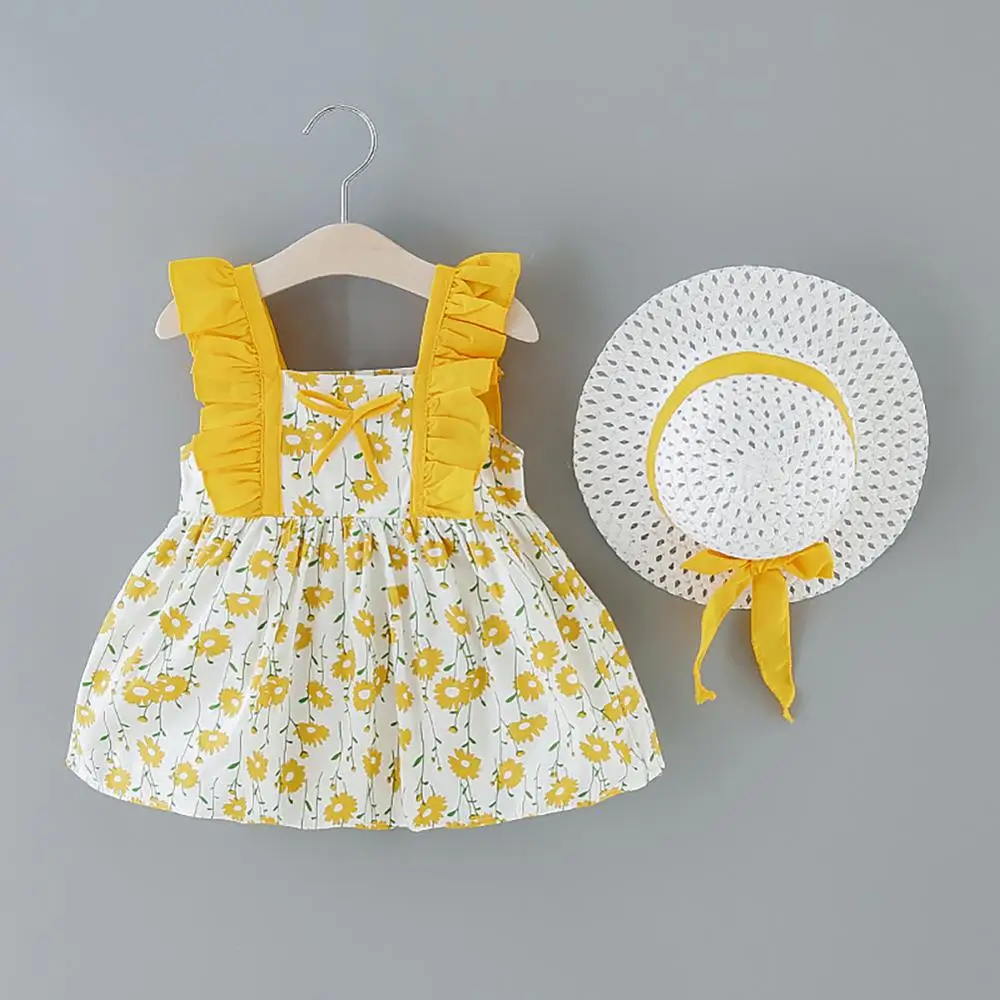 

2Pcs Baby Girls Dresses 2020 Summer Hat 2 Piece Set Children's Clothes Baby Sleeveless Birthday Party Princess Print Dress