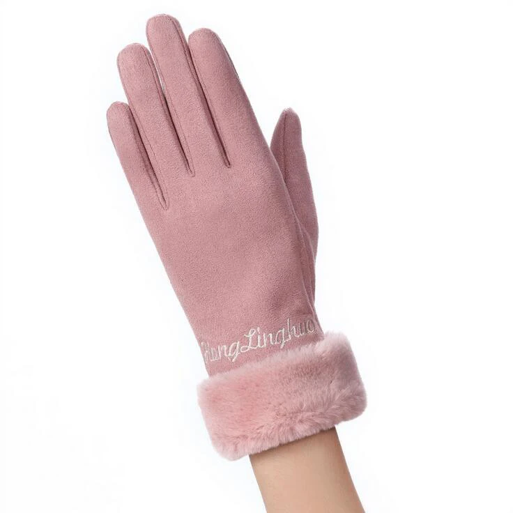 082D-pink Новые зимние теплые женские перчатки кружевные кашемировые милые варежки с медведем двойные толстые плюшевые митенки сенсорный экран для женщин перчатки для вождения - Цвет: 082D-pink
