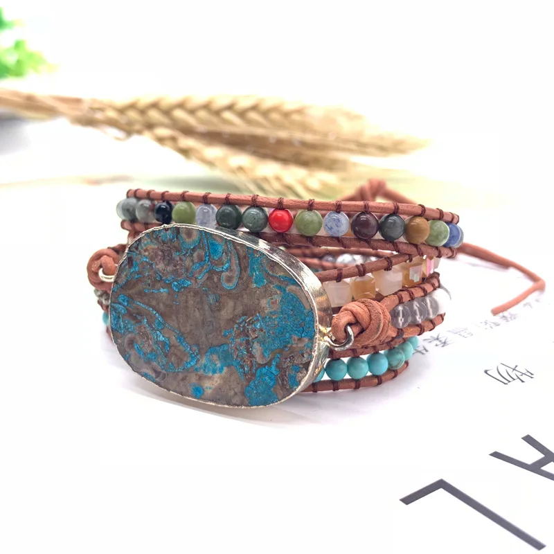 

2020 Bracelet for Women Bohemian Windbreaker Marine Stone Bracelet Knitted Multi-layer Leather Bracelet