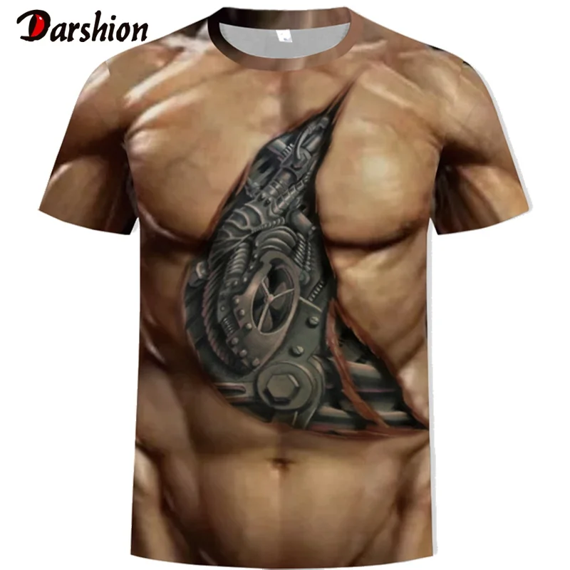 

Summer 3D T-Shirt Cloth Bodybuilding Simulated Muscle Tattoo T-Shirt Casual Nude Skin Chest Muscle Tee Shirt Funny Short-Sleeve