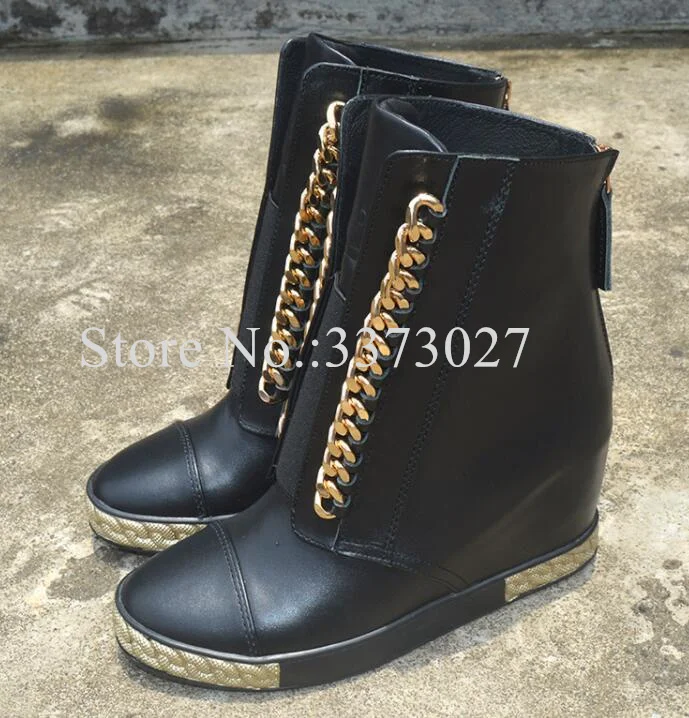 

Black Leather Woman Chains Decor Ankle Boots Sexy 8cm Increasing Heel Wedge Boots Female Fashion Platform Casual Shoes Dropship