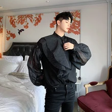 MIXCUBIC осень, английский стиль, Ретро стиль, уникальные кружевные рубашки с буфами на рукавах, мужские повседневные свободные рубашки с воротником-стойкой, M-XXL