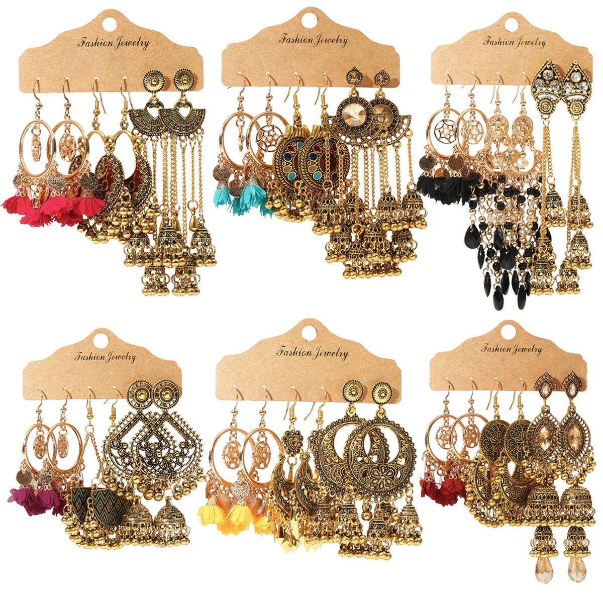 Vintage Ethnic Tassel Earrings Set For Women Bohemian Multilayer Geometric Drop