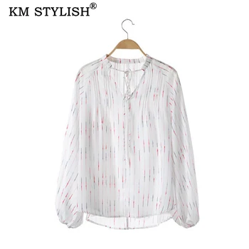 

2019 New Women's Shirt Fashion V-neck Blouse White Striped Puff-sleeve Bandage Top Loose Chiffon Soft Shirt