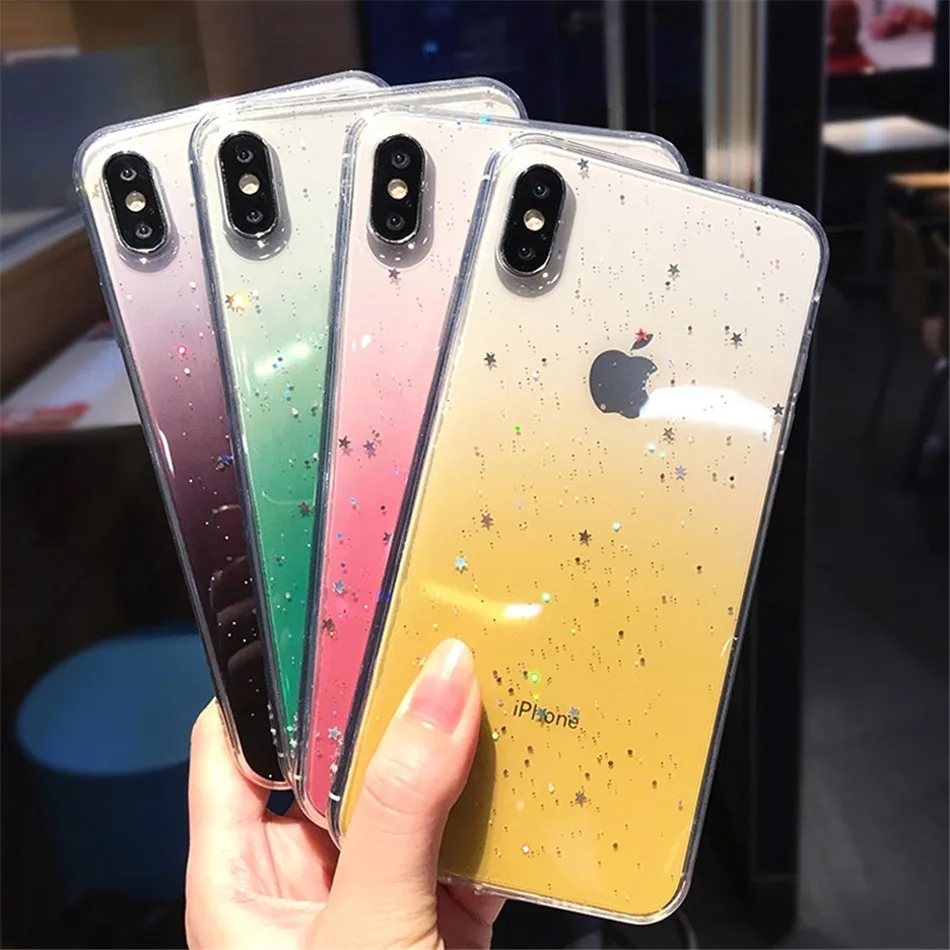 USLION Bling Powder Silicone Phone Case For iPhone 11 Pro X XR XS Max Glitter Stars Transparent Cover For iPhone 7 8 6 6s Plus