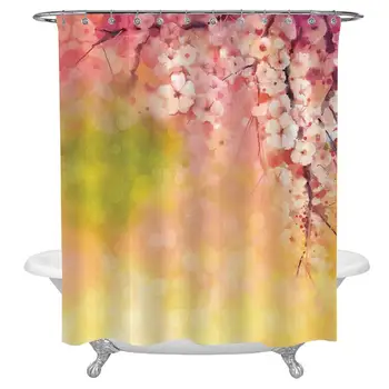 

House Decor Shower Curtain Set,Japanese Cherry Sakura Floral Artwork in Soft Color over Blurred Nature Background Waterproof
