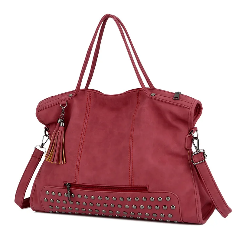 

LANZHIXIN Elegant Tassel Hand Bag Vintage Women Fashion Rivets Bag PU Leather Large Capacity Single-shoulder Motorcycle Bag
