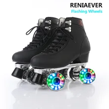 Кататься на коньках черная обувь двухрядные роликовые коньки 4-х колесные роликовые коньки для Для женщин черного цвета для взрослых с мигающие светодиодные колёса