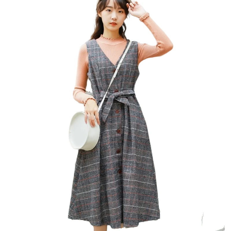 Японский Мори девушка зимнее платье Женщины без рукавов жилет v-образным вырезом плед шерстяные Длинные платья s-xl - Цвет: Plaid