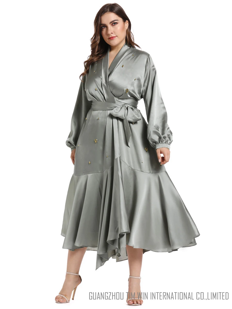 TOLEEN модное женское платье размера плюс, элегантное платье макси с v-образным вырезом и длинным рукавом - Цвет: Армейский зеленый
