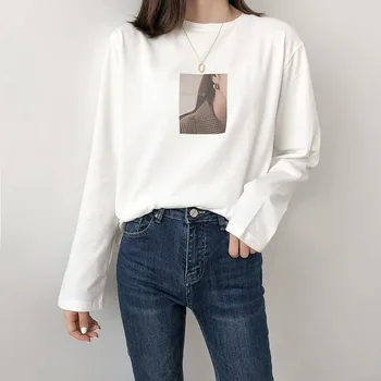 

Vintage Print Long Sleeve Woman Cotton T-shirt 2019 Fashion Loose Casual Autumn Winter Cotton Pullovers