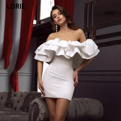 LORIE Ivory Smiple And Cleann Satin Short Evening Dress Ruffles Off The Shoulder Mini Prom Gowns Formal Party Celebrity Dress