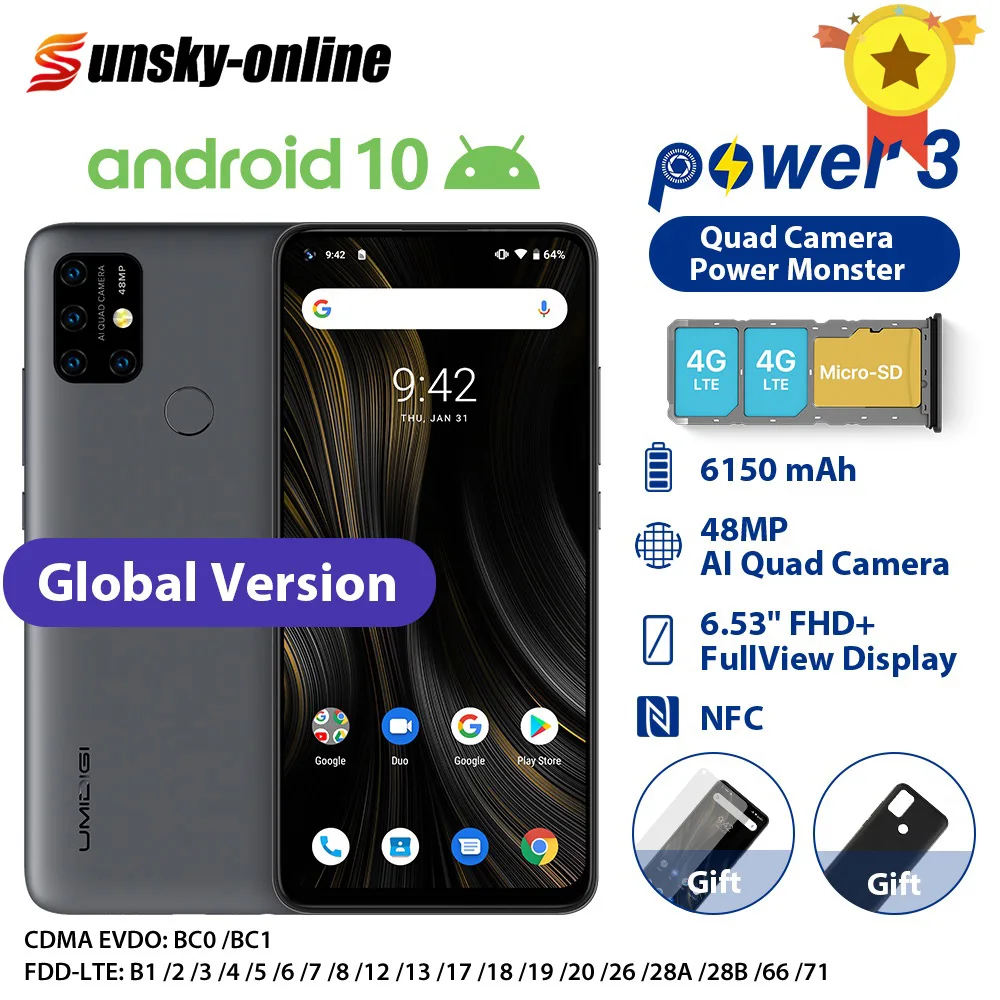 UMIDIGI Power 3 смартфон на Android 10 6 53 дюймов FHD + 6150 мАч 48 МП 4 Гб 64 ГБ Dual 4G VoLTE мобильный