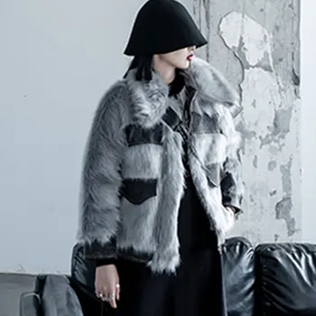 

Women Short Faux Fur Coat 2020 Winter New Outerwear Luxury Lmitation Fox Fur Stitching Jacket Round Neck Warm Overcoat Parka 81