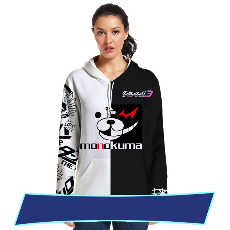 Anime Monokuma Danganronpa Trigger Happy Havoc Black White Bear Hoodies Hooded Pullover Sweatshirt Sportswear Jackets Top New