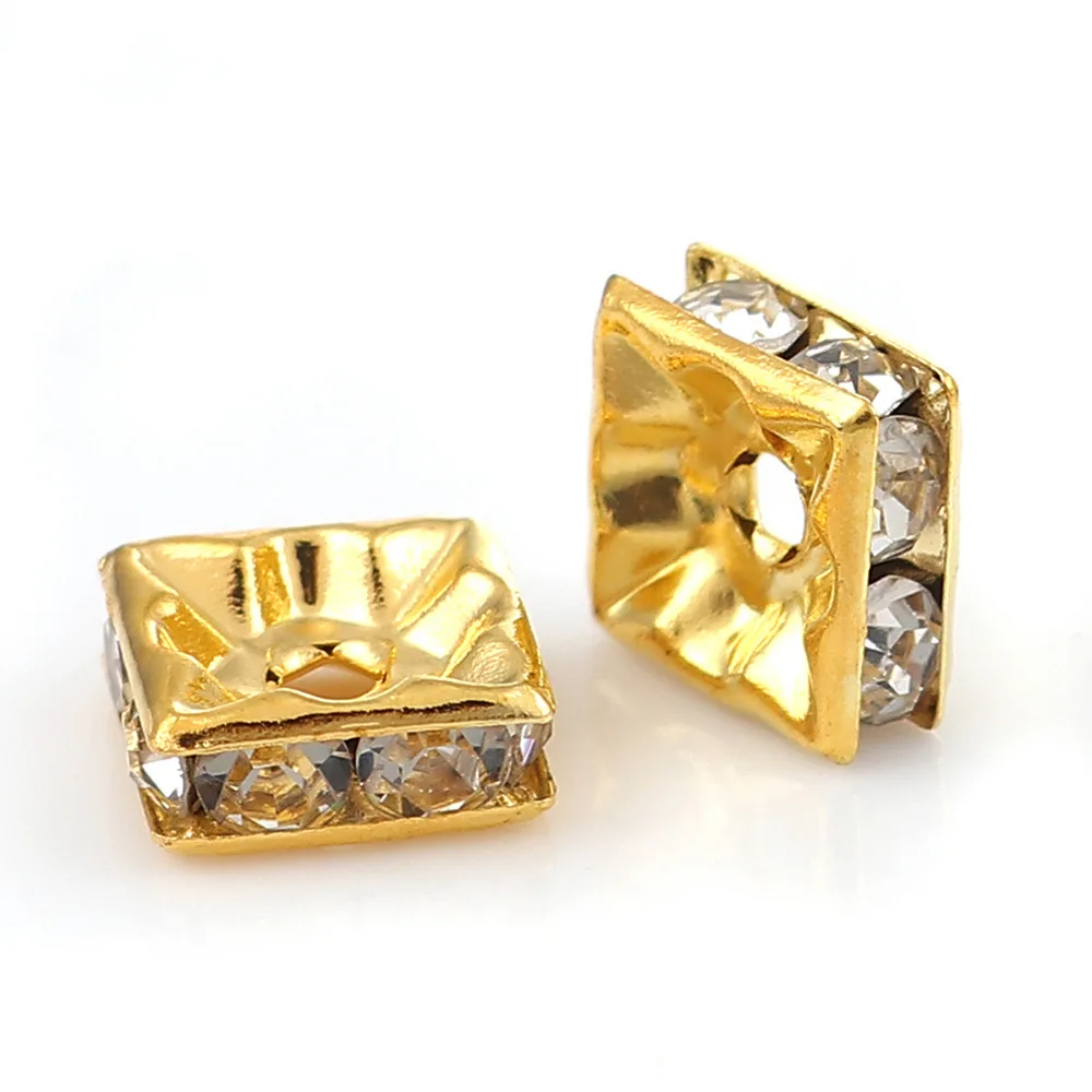 

Doreen Box Copper Spacer Beads Square Gold Silver Clear Rhinestone About 8mm( 3/8") x 8mm( 3/8"), Hole: Approx 1.7mm, 50 PCs