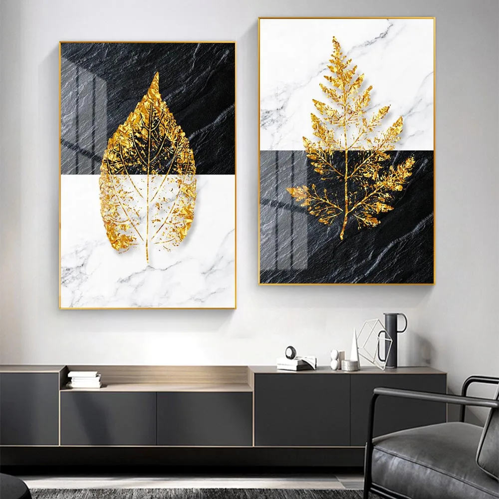 Nordic fashion art plant canvas painting golden leaf feather poster office wall painting living room home decoration mural