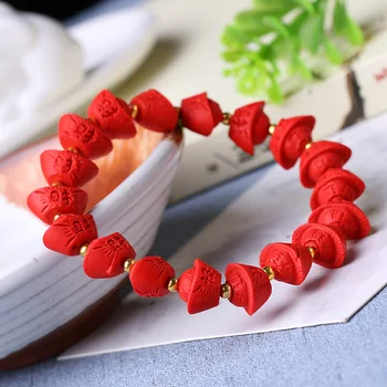 

Chinese Natural Red Organic Cinnabar Yuanbao Beads Elastic Bracelet Charm Jewellery Fashion Man Woman Lucky Amulet Gifts New