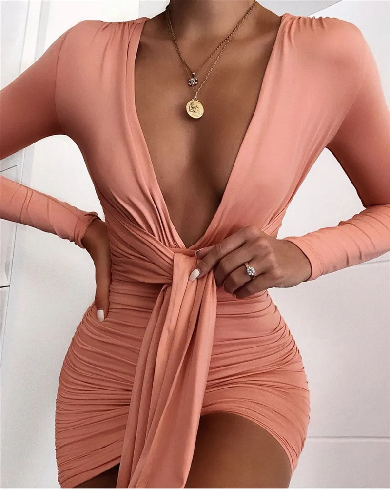 

Nadafair V Neck Long Sleeve Dress Women Solid Ruched Mini Bodycon Dress Lace Up Club Sexy Dresses Party White Black 2019