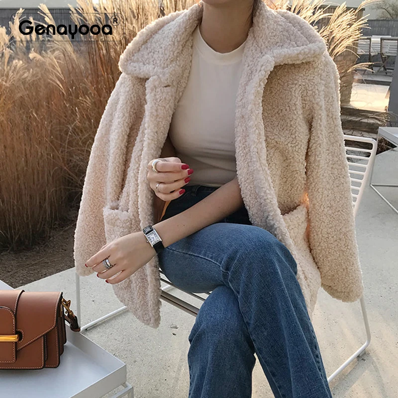 Genayooa модные женские туфли куртка и пальто для девочек в Корейском стиле; Свободные теплые, зимние, шерстяные пальто Для женщин с карманами Однобортный пальто из овечьей шерсти для детей; верхняя одежда