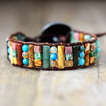 Tube Shape Natural Stones Single Leather Wrap Bracelet Semi Precious Stone Beaded Cuff Bracelet Women Boho Bracelet Dropshpip