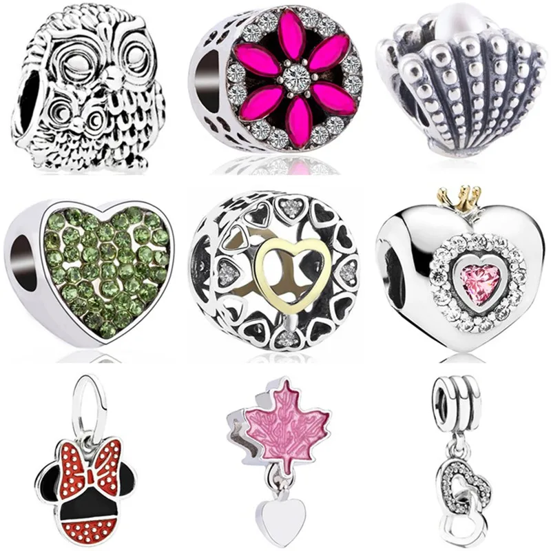 

European Luxurious Owl Pineapple Shell Bow Simulated Pearl Heart Minnie Beads Fit Pandora Charms Bracelets for Women DIY Jewelry