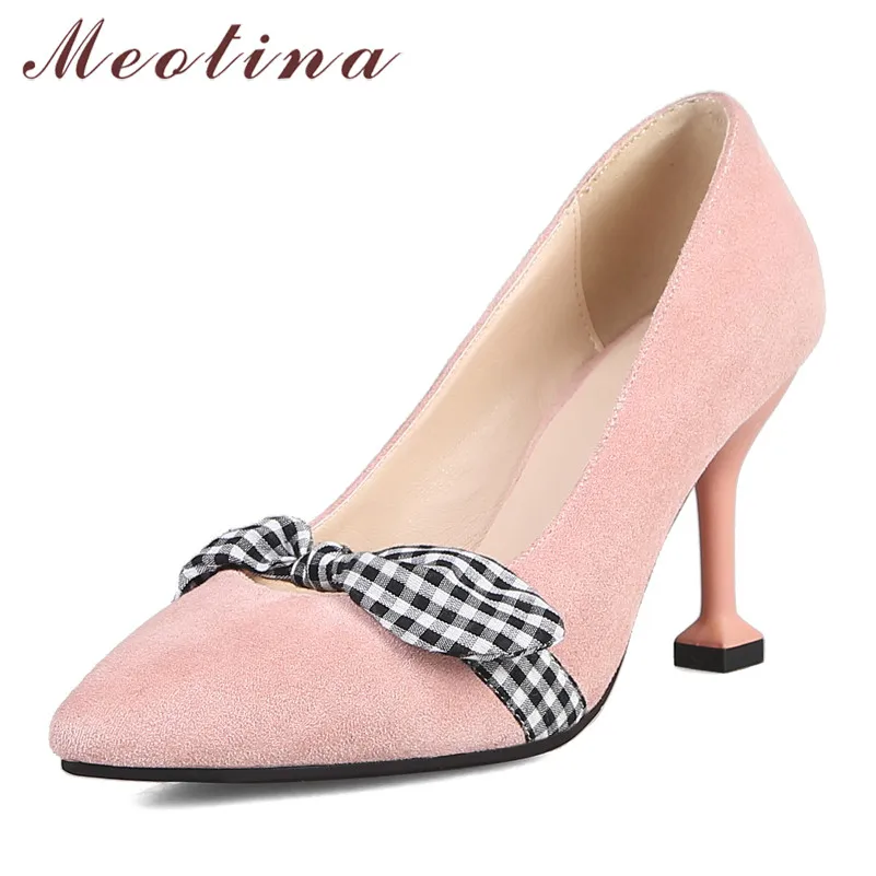 

Meotina High Heels Women Pumps Bow Stiletto High Heels Party Shoes Flock Elegant Pointed Toe Shoes Ladies Pink Plus Size 34-43