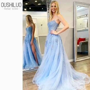 

Light blue Prom Dresses backless A Line Prom Dress for women 2020 side slit Boat Neck Appliques party gowns Lace up custom made