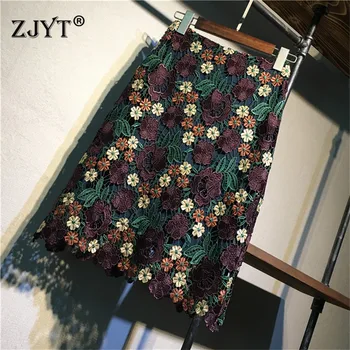 

Top Fashion Runway Designers Womens Skirt Summer 2020 New Elegant High Waist Hollow Out Flower Embroidery Lace Office Skirt