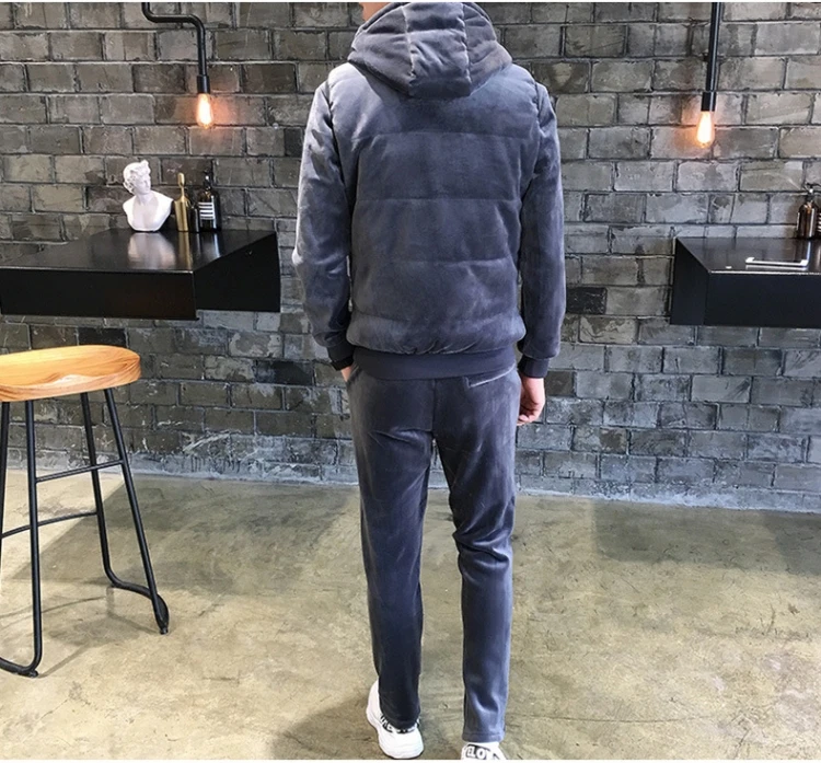 AmberHeard Winter Warm Men Sport Suit Hooded Vest+Pants+Sweatshirt Gold Velvet Sportswear 3 Piece Set For Men Tracksuit Clothing