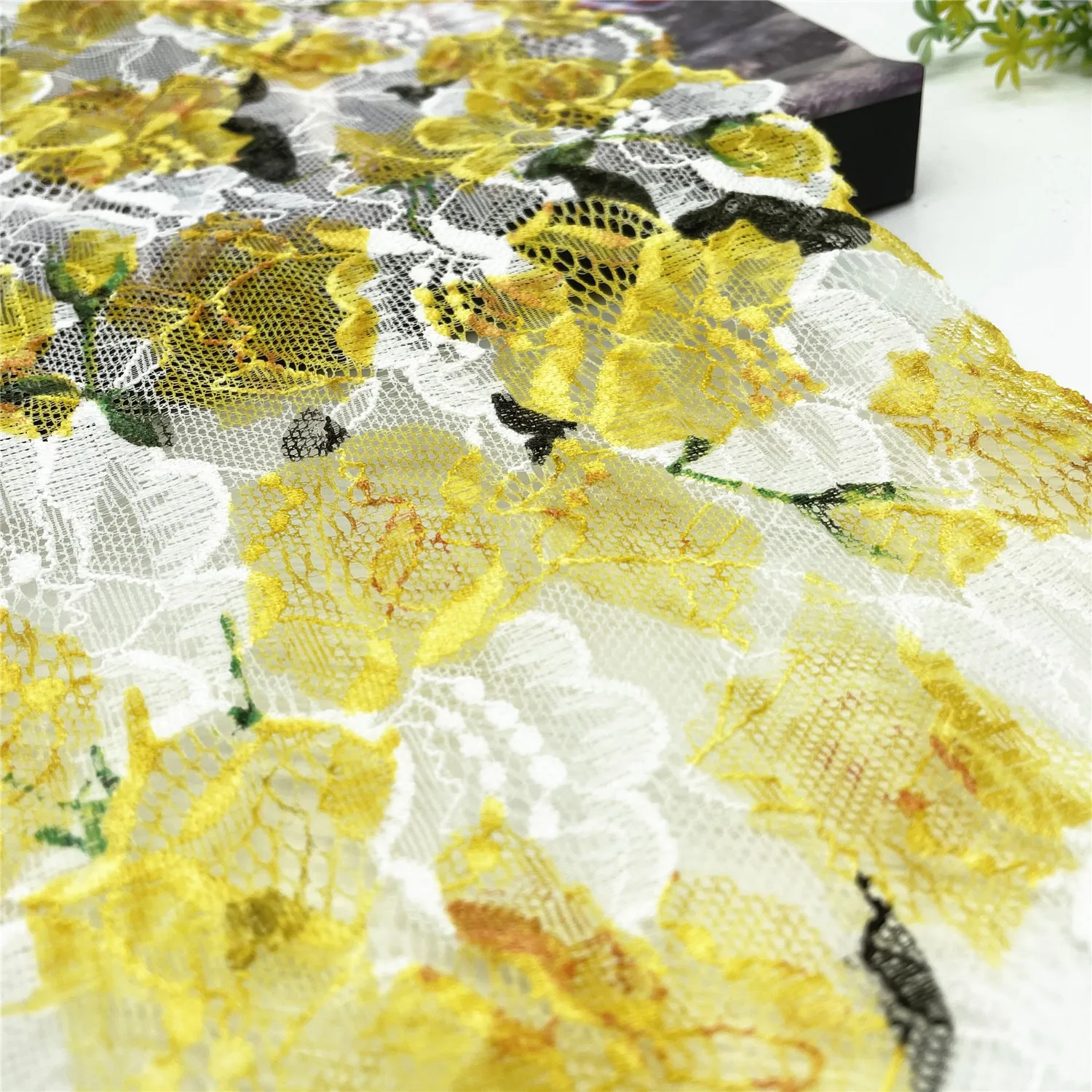 3y/Lot Width 17.8cm Yellow Floral Stretch Lace Trim 2