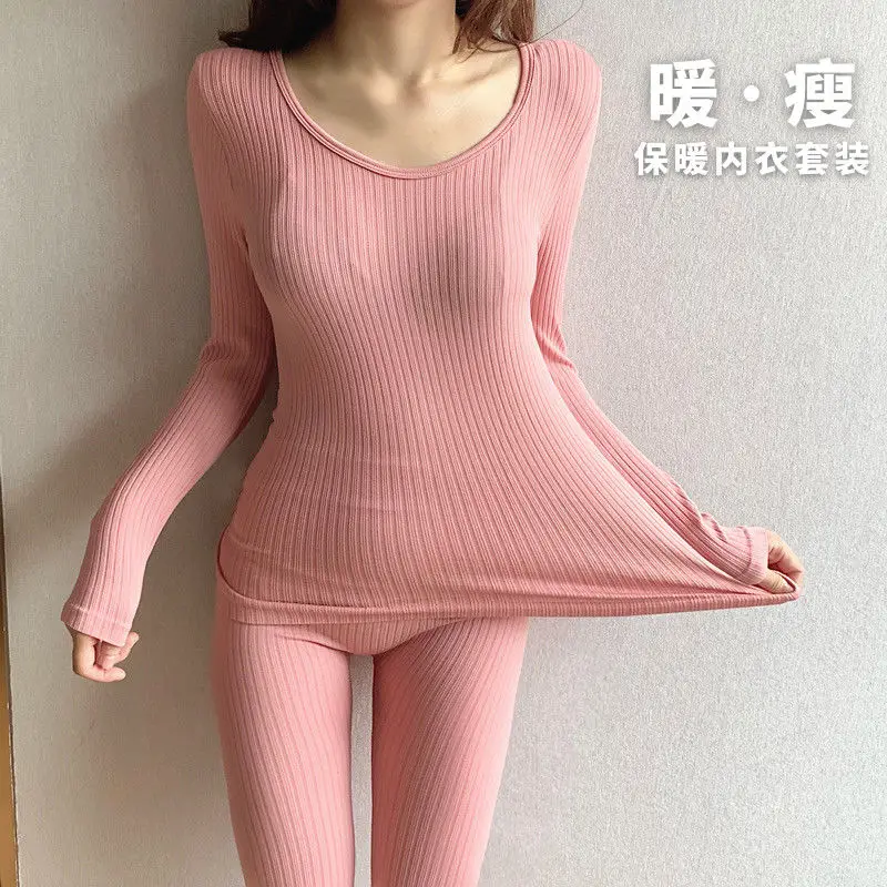 Women's fall/winter plus velvet thermal underwear set clothes and long pants round neck beauty body build slim lingerie set