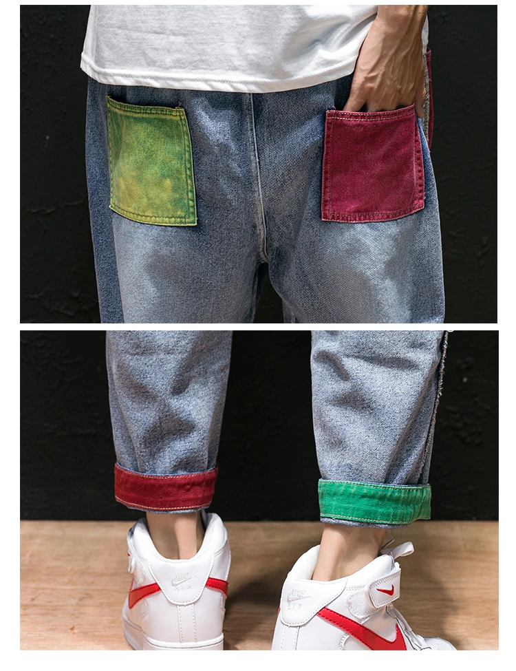 NEESKENS Hot Men Jeans Straight Pants Men Japanese Streetwear Shredded Patchwork Denim Pants Male Vintage Blue Jeans pantalones