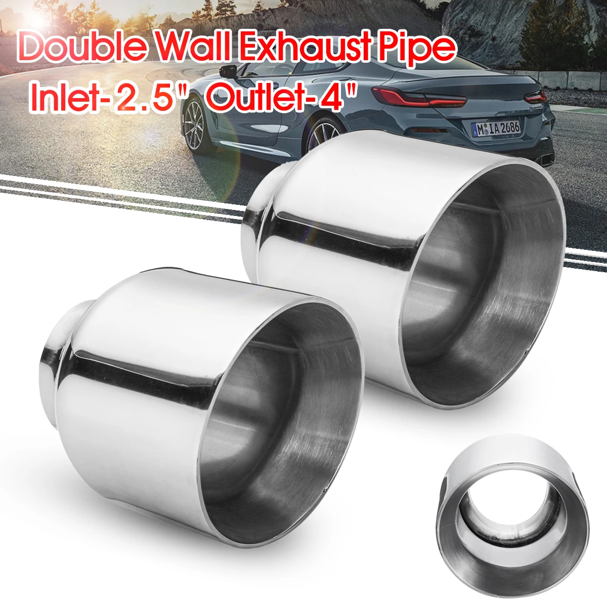 Pair Stainless Steel Exhaust Tips 2.5" Inlet 3" Out Dual Wall With 2 Clamps