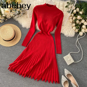 

Vintage Warm Dress 2020 Vestido de festa Slim Autumn Winter Knitted Sweater Midi Party Dresses A-Line Women Pleated Vestidos