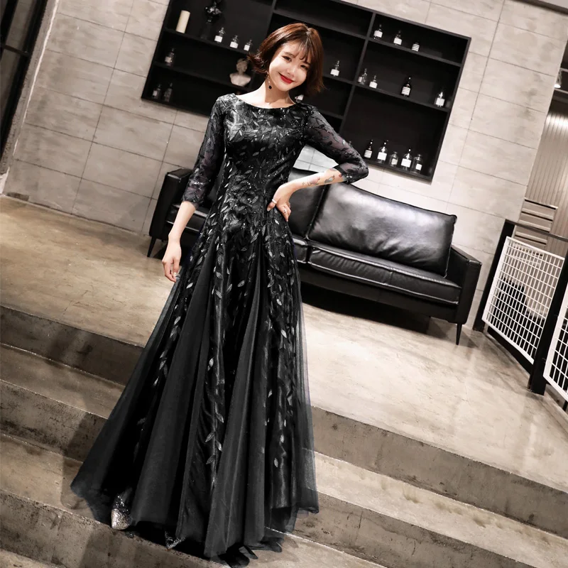 Новое поступление длинное вечернее платье вечерние элегантные vestido de festa винтажное, с рукавами до локтя с аппликацией из кружева и тюля длинные платья