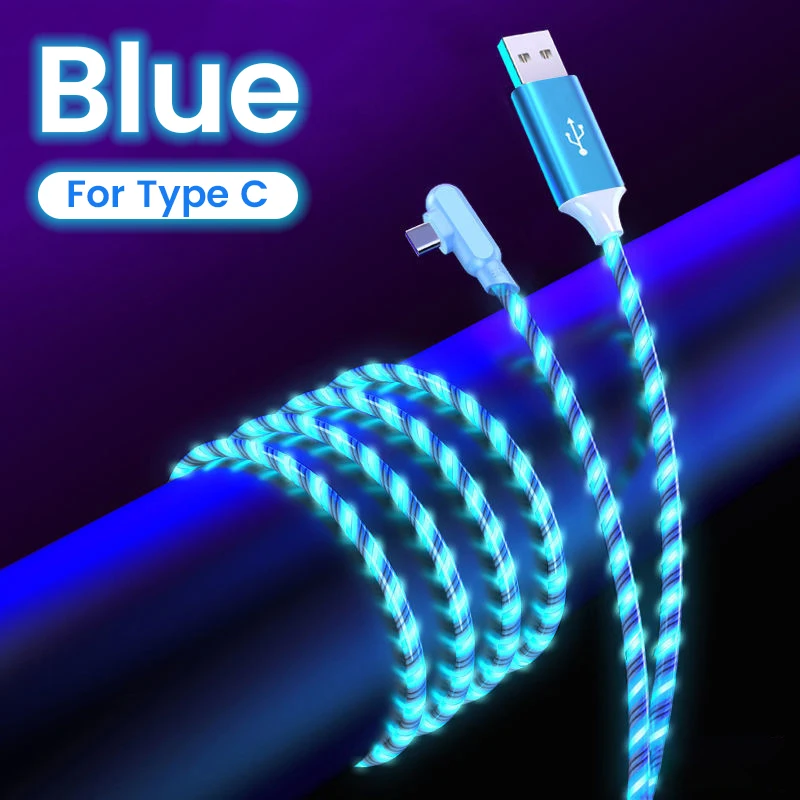 1m/2m 5A Elbow 90 degrees Fast Charging Cable For Samsung Huawei Micro USB Type C Flow Luminous Lighting LED Kable Data Cord fast charging cable for android Cables